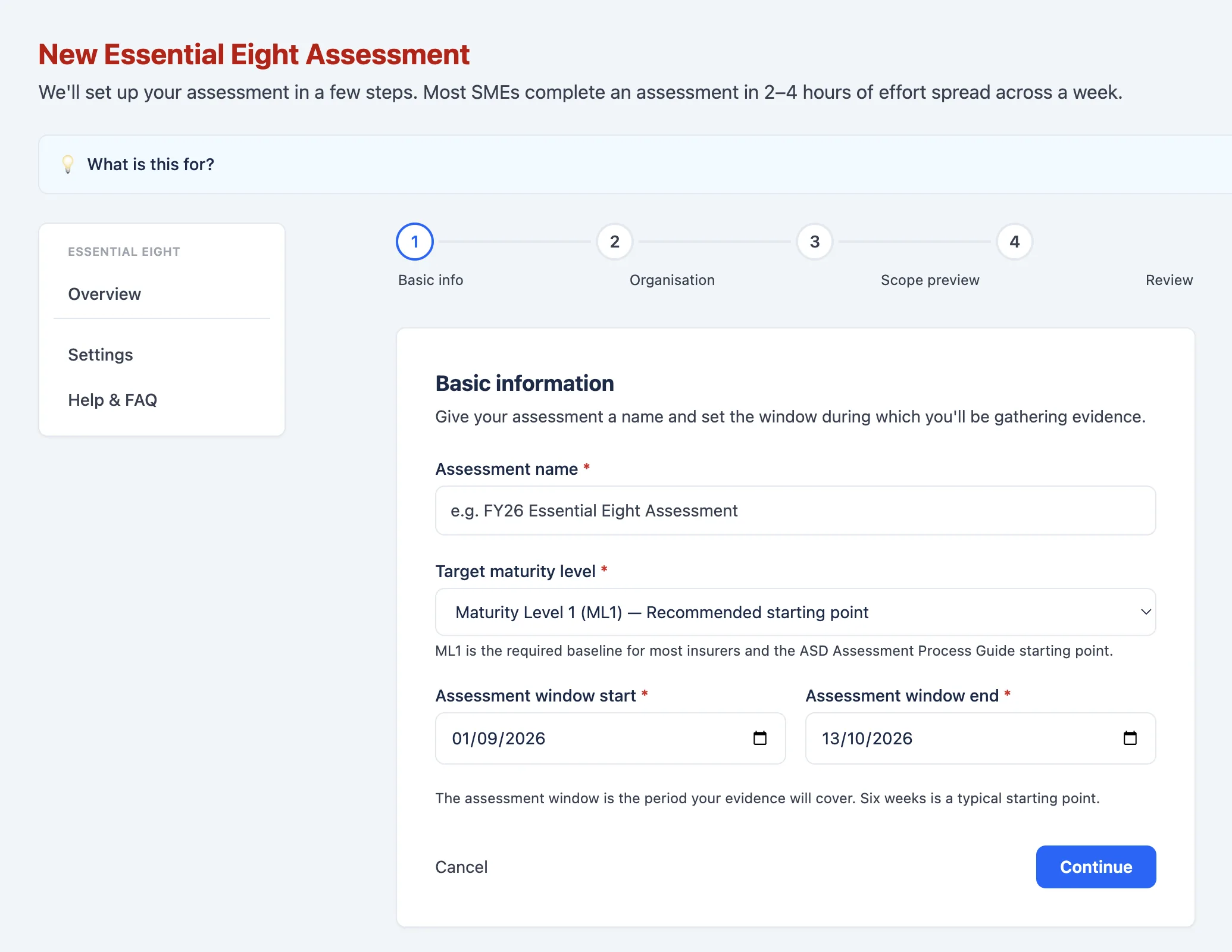 Starting an Essential Eight assessment in Biz Secure Online: a four-step wizard on Basic information, with the assessment name, a target maturity level of ML1, and the assessment window dates.