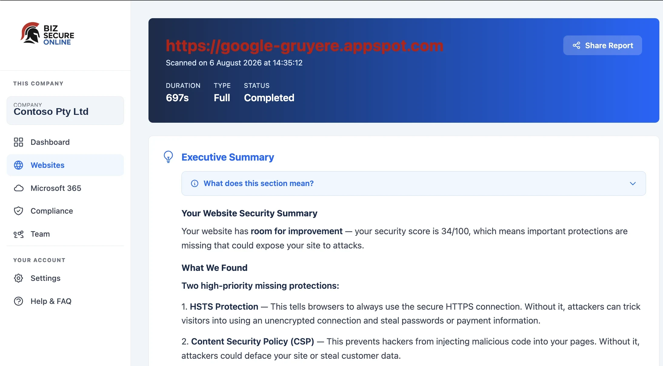 A Biz Secure Online website security report, showing the plain-English executive summary, the issues found and the recommended next steps.