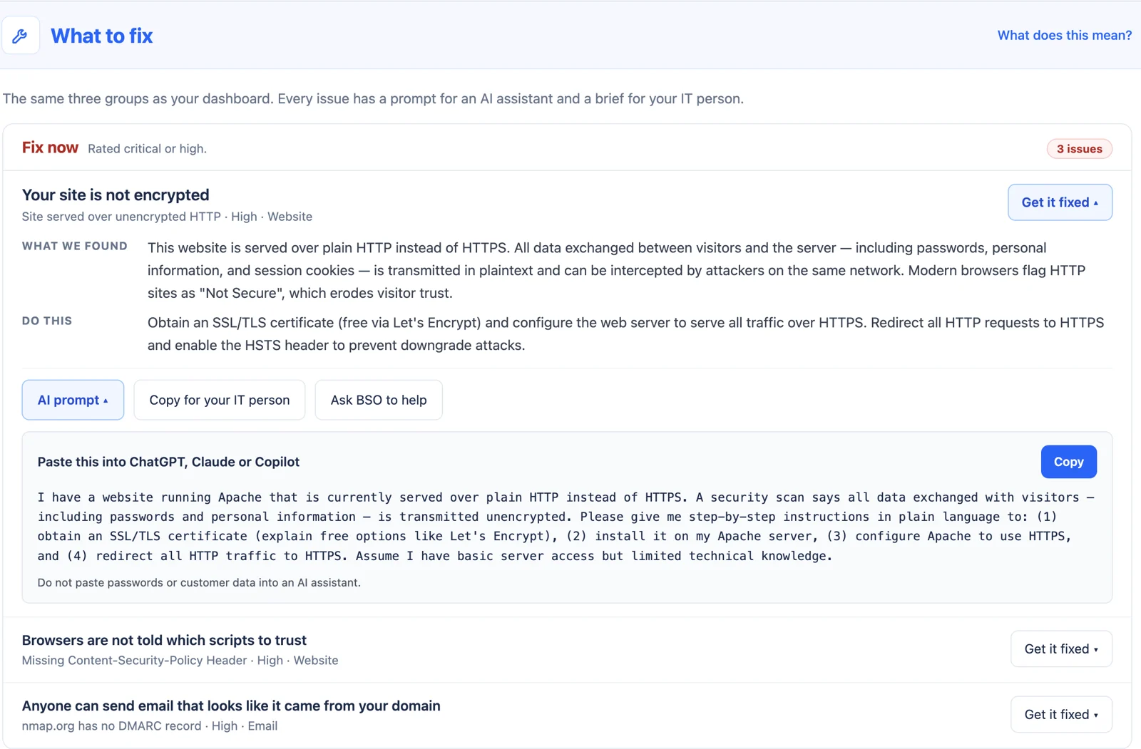 A fix-now issue: what we found, what to do, and an AI prompt for ChatGPT, Claude or Copilot